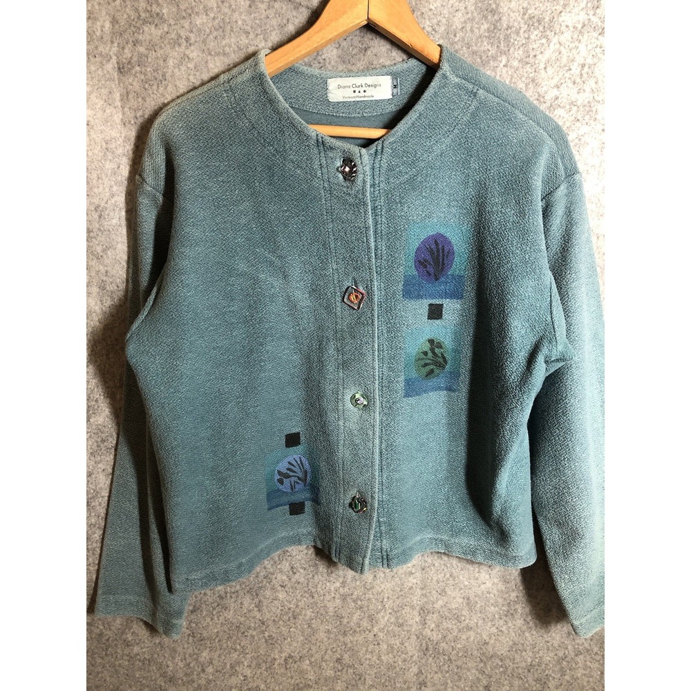 Diana Clark Designs Sweater Womens Medium Green Cardigan Cotton Handmade Vermont